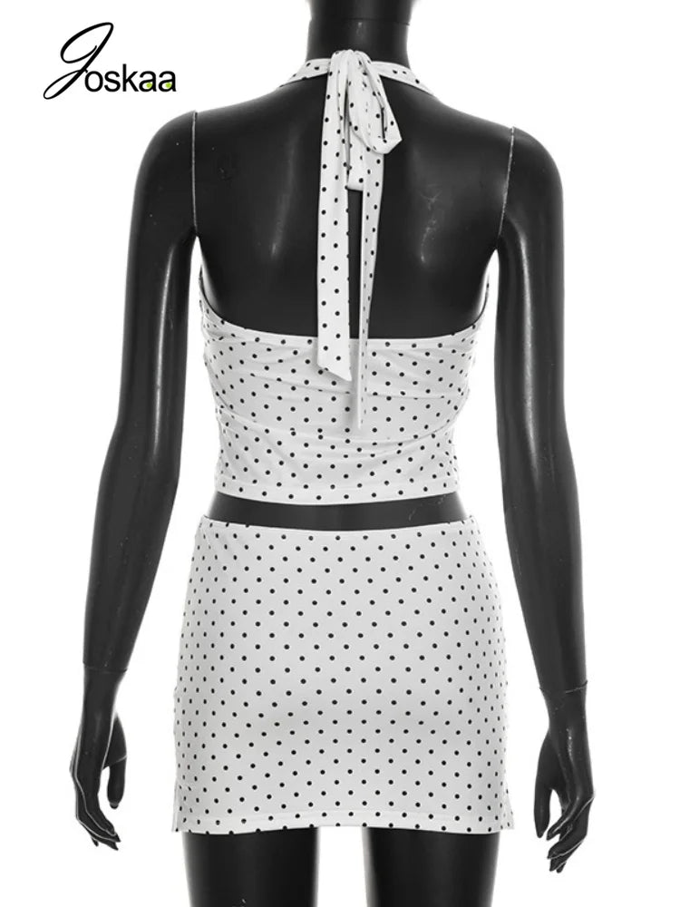 Women's Polka Dot Backless Halter Two Piece Set White – Detail View