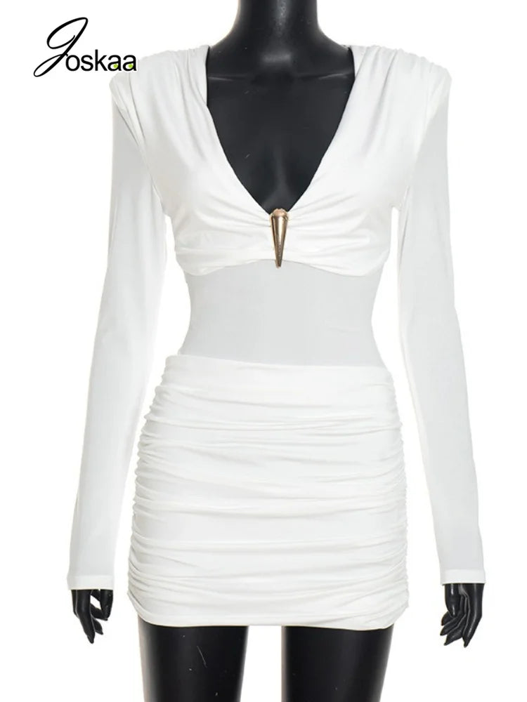 Women's Ruched V-neck Long Sleeve Bodycon Mini Dress - Back View