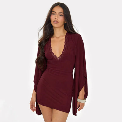 Women's Lace V-neck Long Sleeve Bodycon Mini Dress - Additional View 10