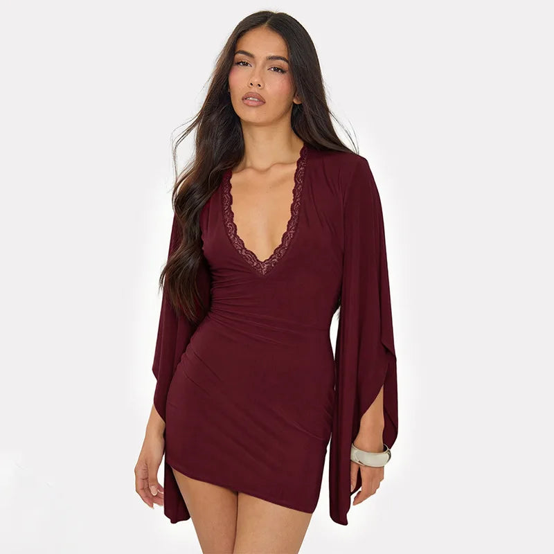 Women's Lace V-neck Long Sleeve Bodycon Mini Dress - Additional View 10