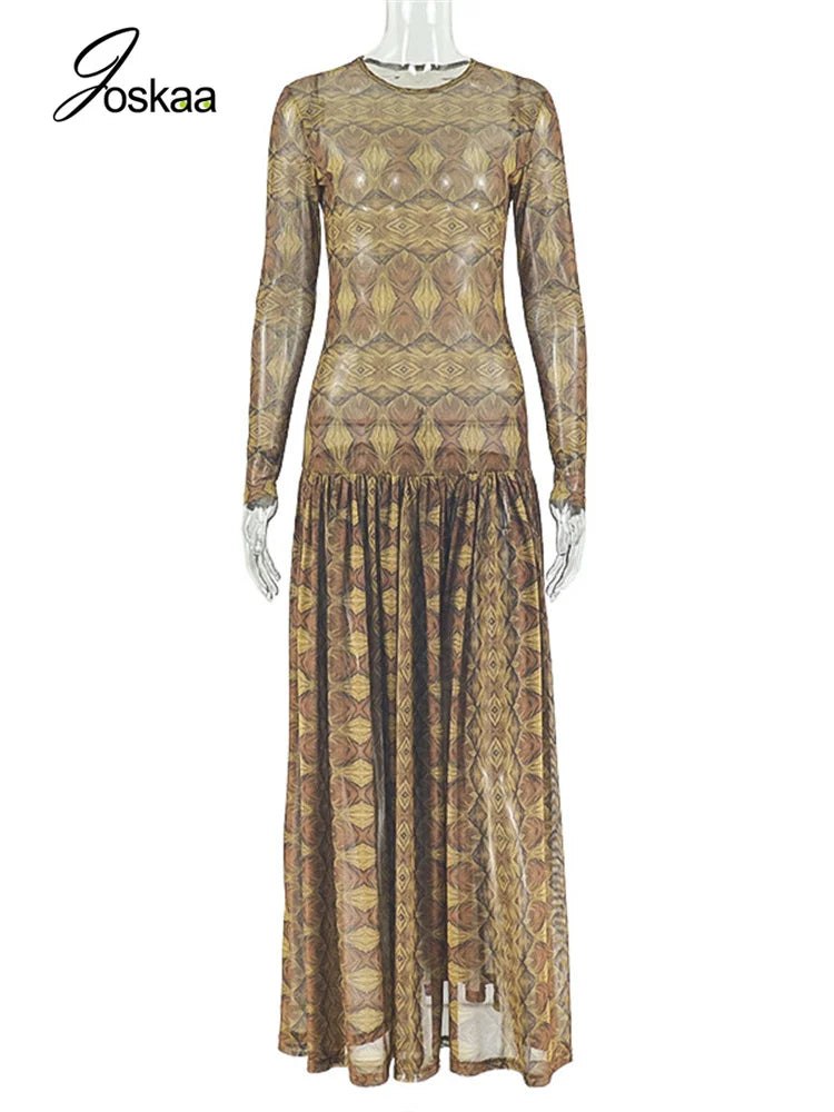 Women's Ruched Long Sleeve Bodycon Maxi Dress Yellowish-Brown – Back View