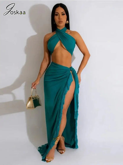 Women's Maxi Solid Wrap Chest Two Piece Set Blue – Back View
