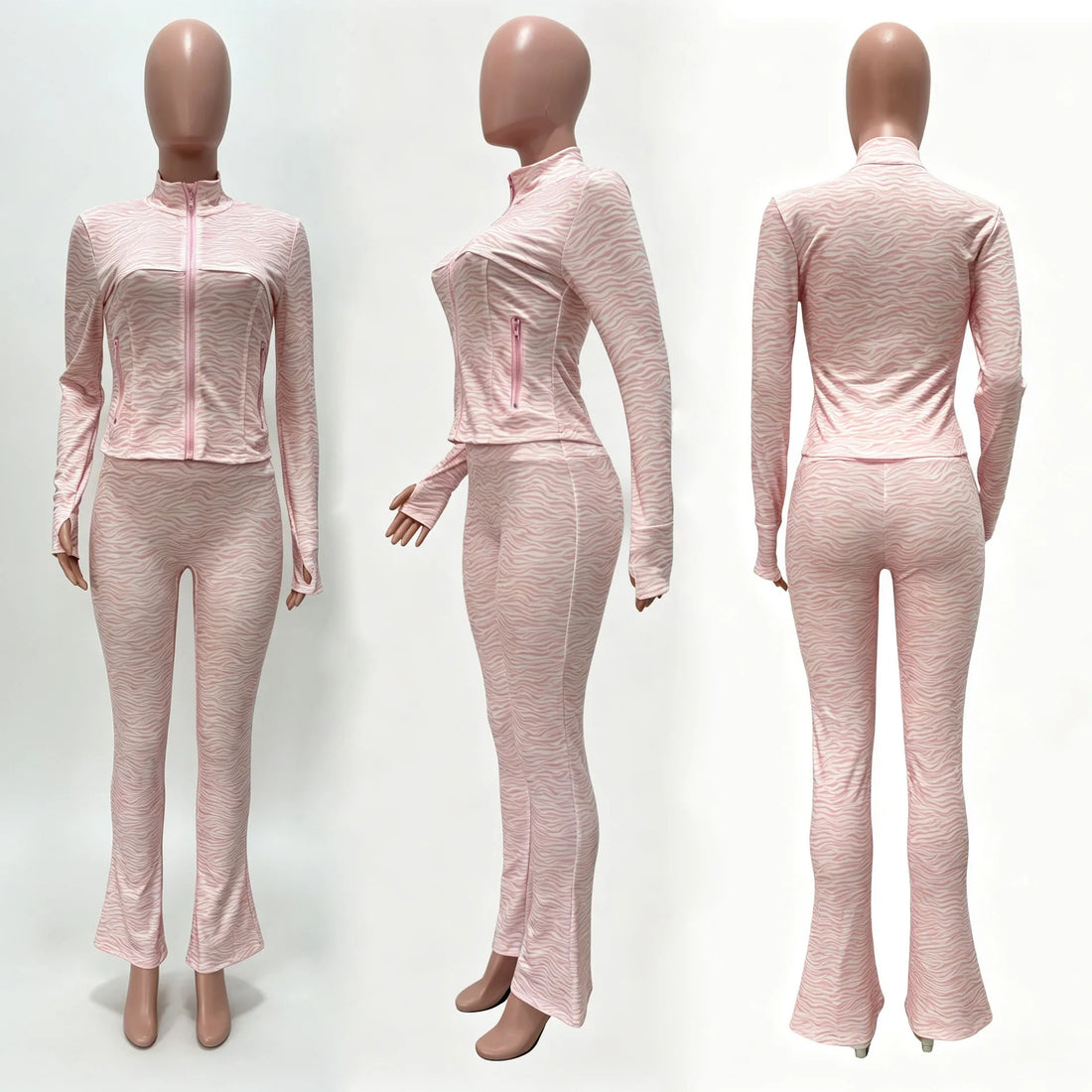 Women's Striped Zip Up Long Sleeve Wide Leg Two Piece Set - Additional View 7