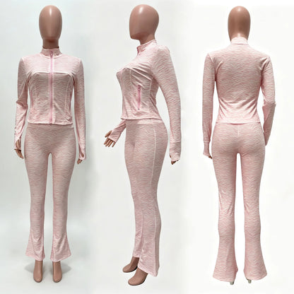 Women's Striped Zip Up Long Sleeve Wide Leg Two Piece Set - Additional View 7