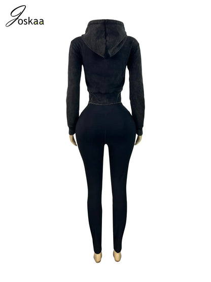 Women's Long Sleeve Zip Hooded Two Piece Set Green – Detail View