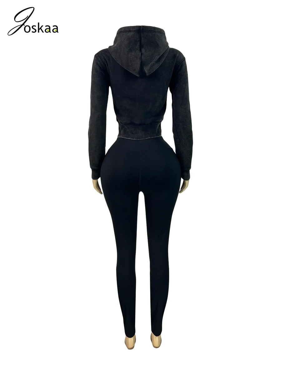 Women's Long Sleeve Zip Hooded Two Piece Set Green – Detail View