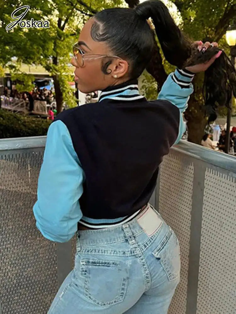Women's Letter Print Faux Leather Crop Jacket Blue – Side View