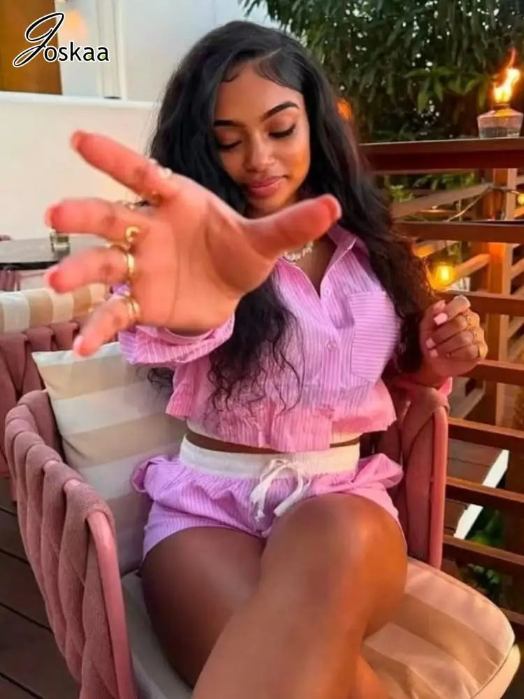 Women's Stripe Long Sleeve Two Piece Set Pink – Front View