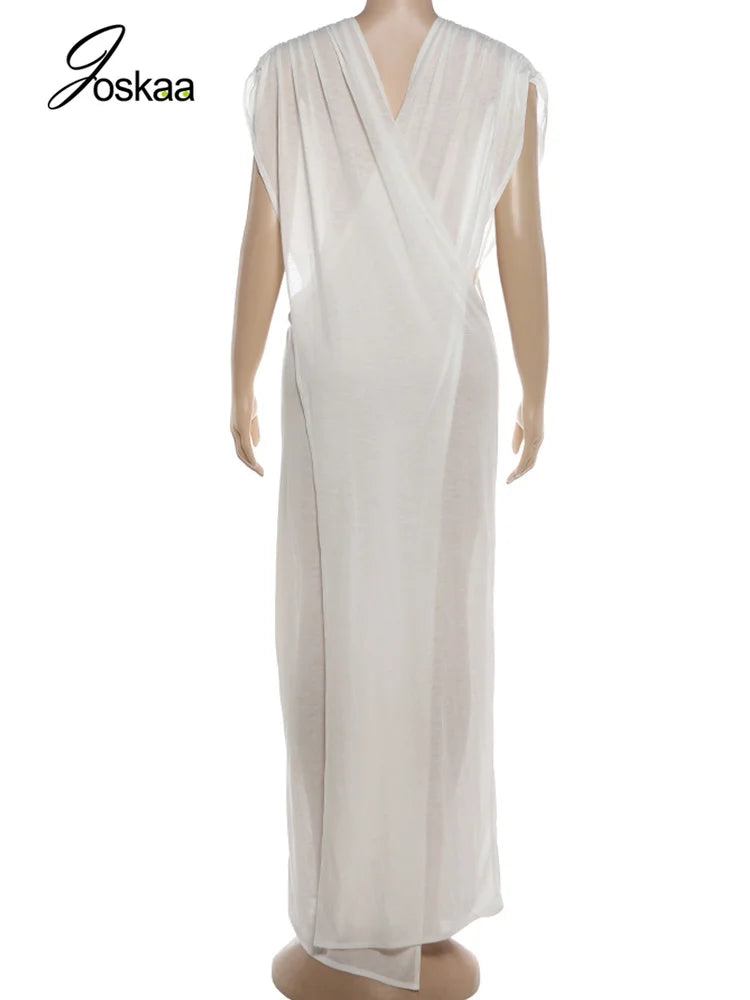 Women's Mesh Sheer Deep V-neck Maxi Dress Orange – Detail View