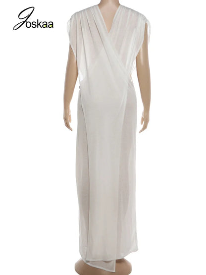 Women's Mesh Sheer Deep V-neck Maxi Dress Orange – Detail View