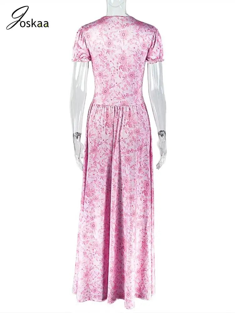 Women's Floral Print Ruched Maxi Bikini Set Pink – Detail View