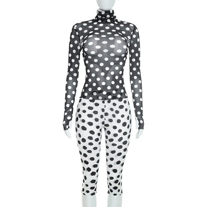 Women's Polka Dot Mesh Long Sleeve Two Piece Set - Detail View 8