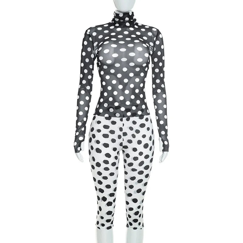 Women's Polka Dot Mesh Long Sleeve Two Piece Set - Detail View 8