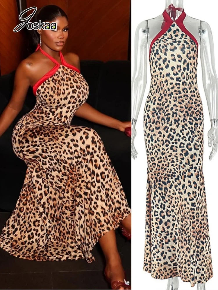 Women's Leopard Print Lace Backless Halter Maxi Dress - Front View