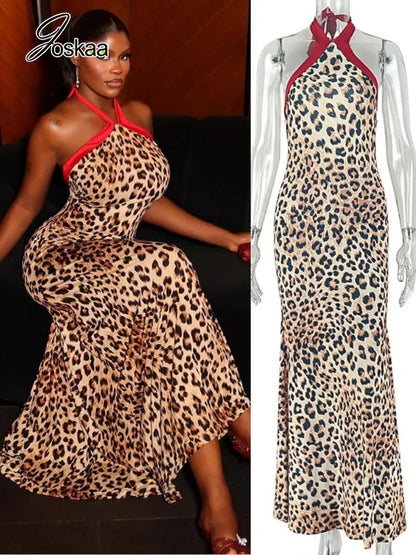 Women's Leopard Print Lace Backless Halter Maxi Dress - Front View