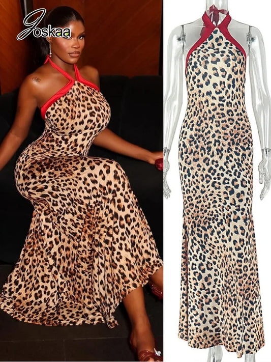 Women's Leopard Print Lace Backless Halter Maxi Dress - Front View