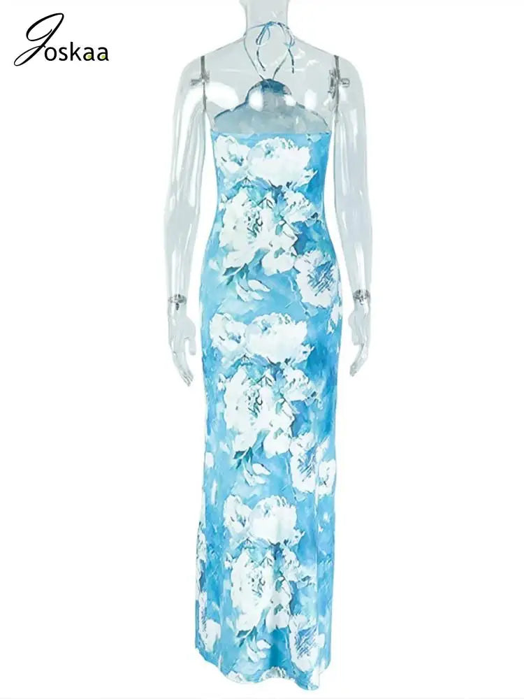 Women's Floral Print Backless Halter Maxi Dress Green – Detail View