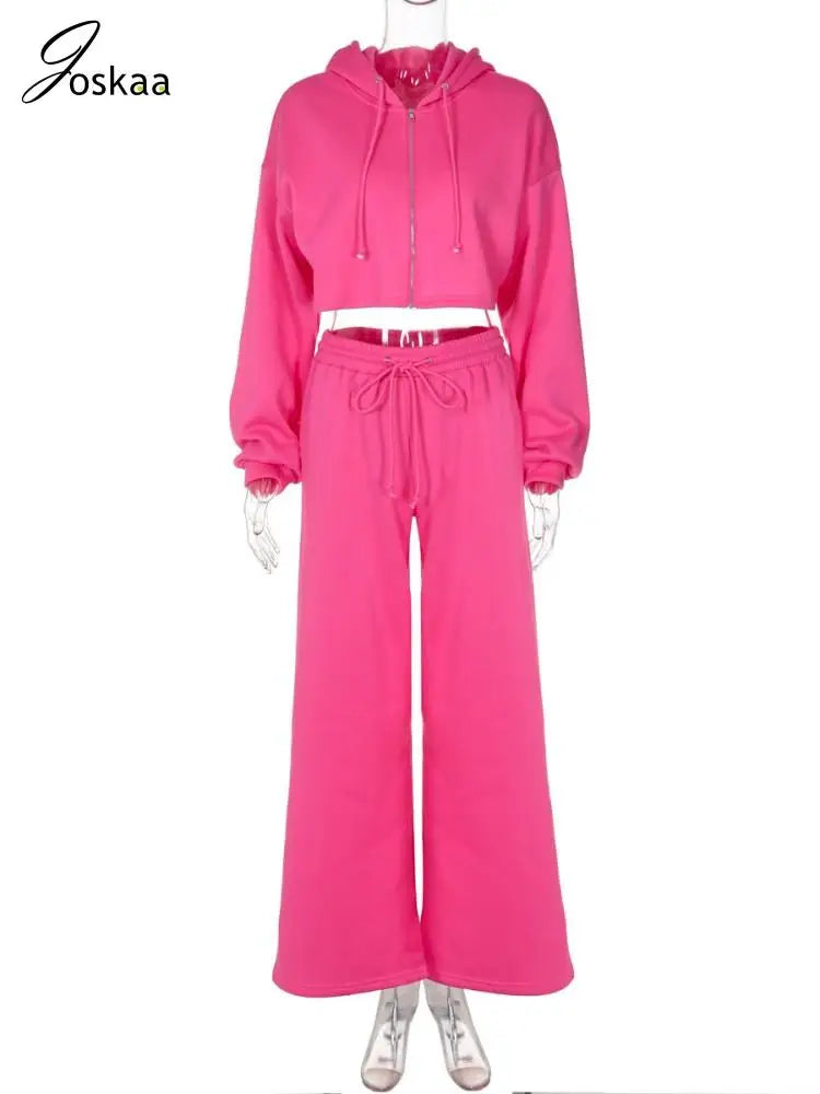 Women's Long Sleeve Crop Zip Hooded Two Piece Set Rose Red – Back View