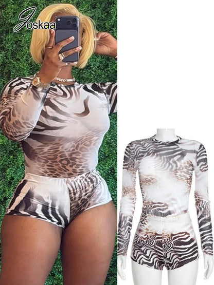 Women's Leopard Print Zebra Print Mesh Long Sleeve Two Piece Set - Women's Fashion Wholesale - Front View