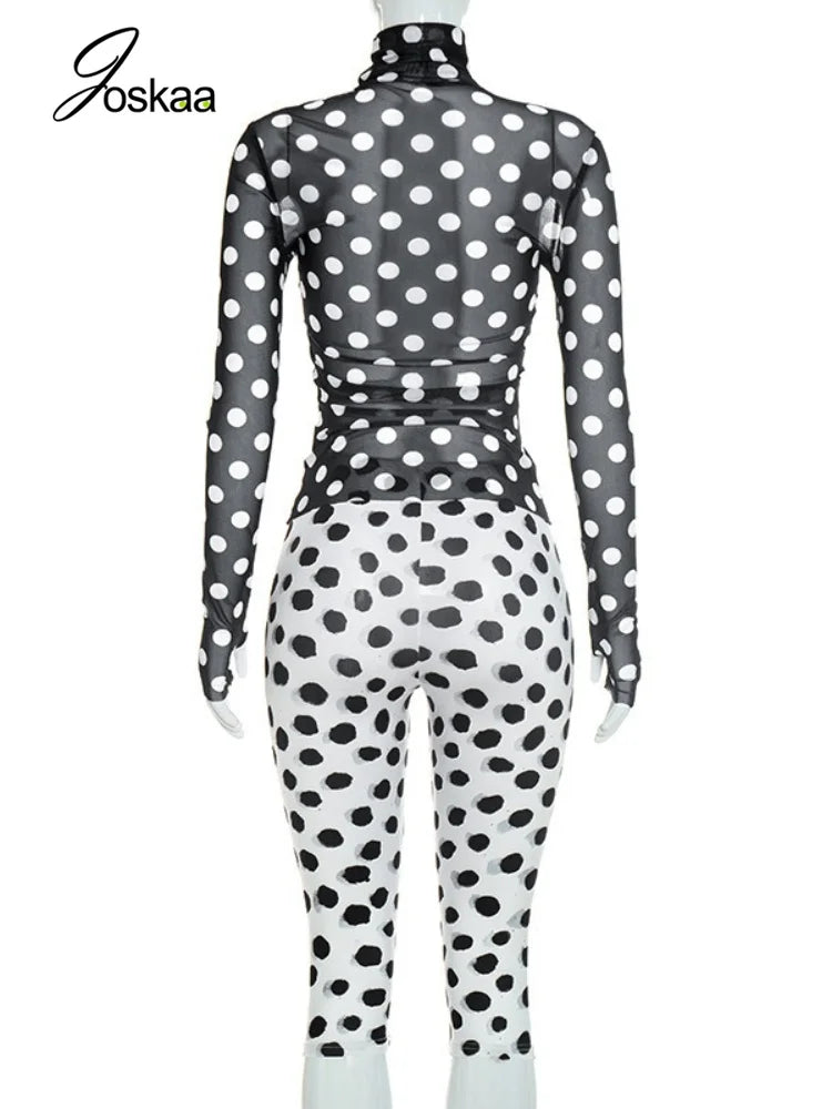 Women's Polka Dot Mesh Long Sleeve Two Piece Set - Detail View 4