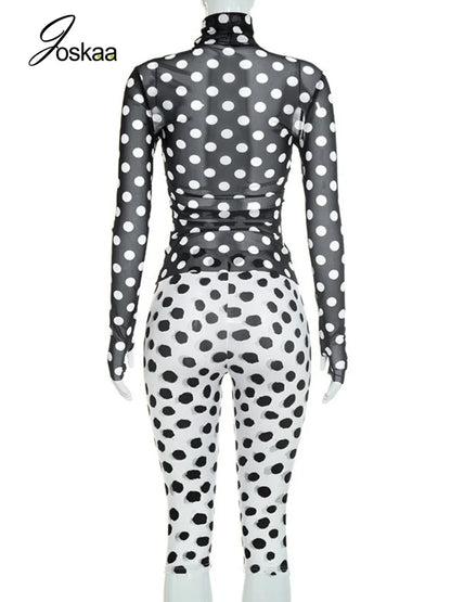 Women's Polka Dot Mesh Long Sleeve Two Piece Set - Detail View 4