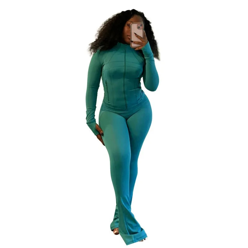 Women's Long Sleeve Flare Zip Two Piece Set