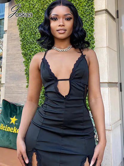 Women's Lace Backless Black Stitching Deep Mini Dress – Women's Fashion Wholesale – Front View