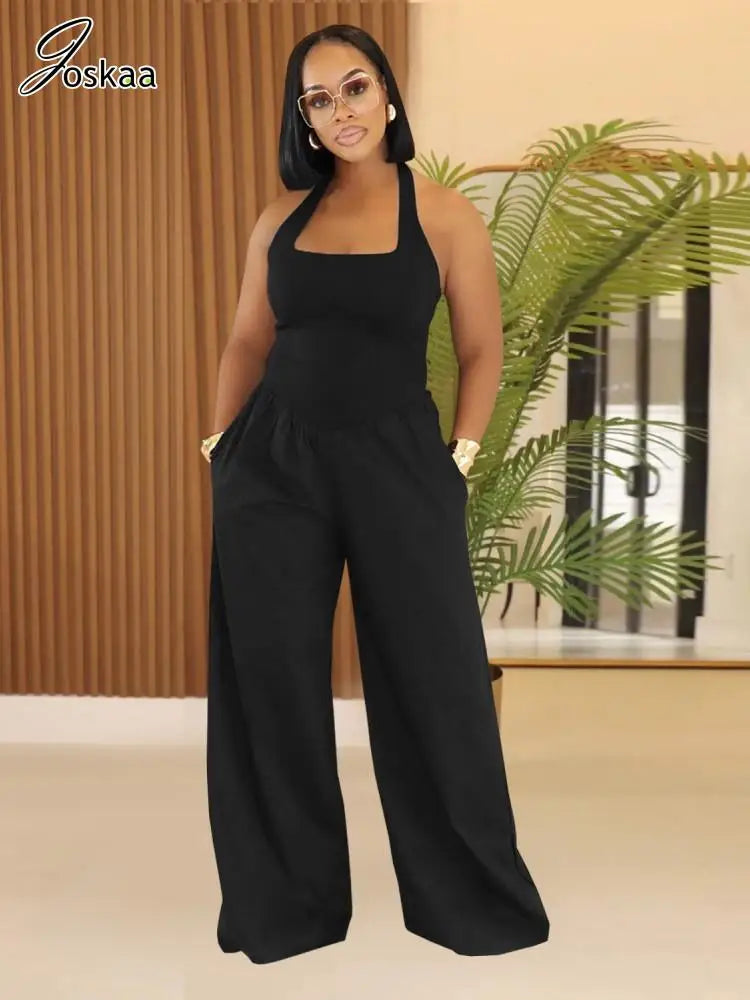 Women's Backless Halter Flare Wide Leg Romper Black – Side View