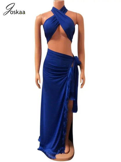 Women's Maxi Solid Wrap Chest Two Piece Set Lake Blue – Detail View