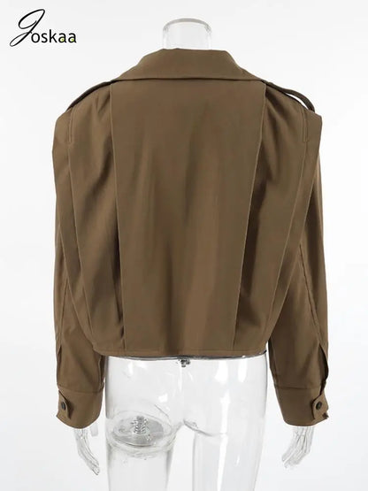 Women's Long Sleeve Pleated Lapel Single Jacket Khaki – Detail View