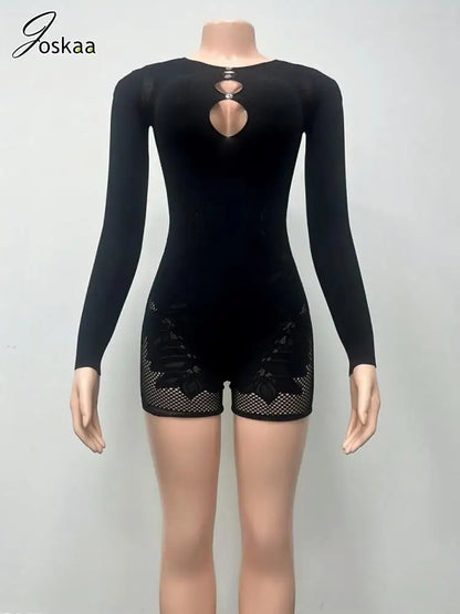 Women's Rhinestone Lace Cutout Long Sleeve Romper Black – Detail View