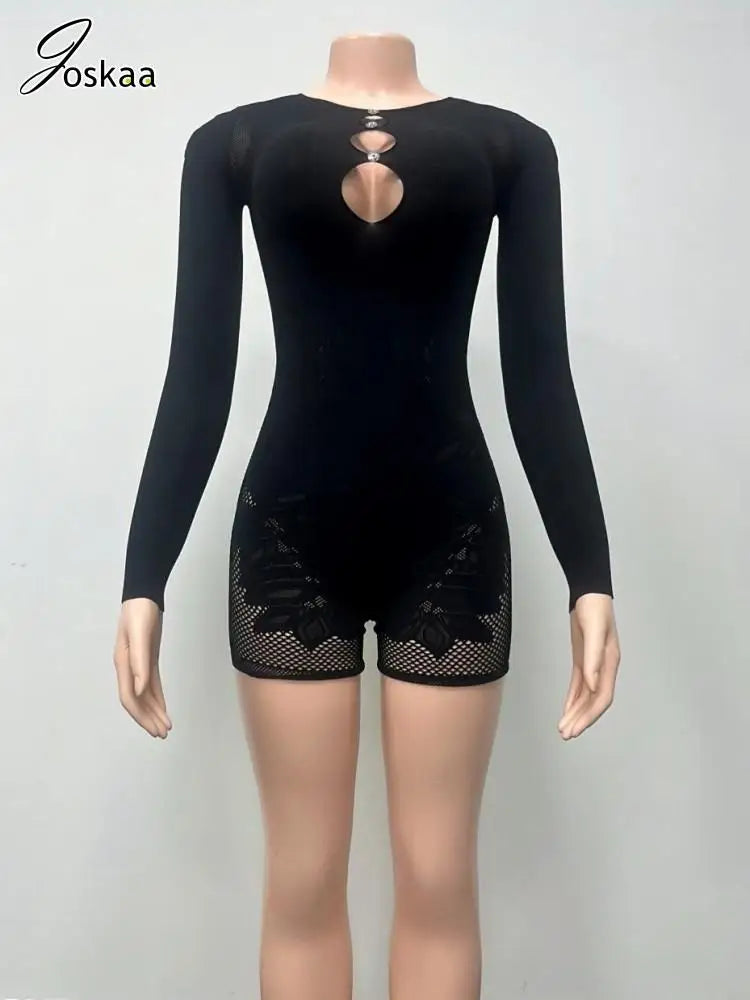 Women's Rhinestone Lace Cutout Long Sleeve Romper Black – Detail View