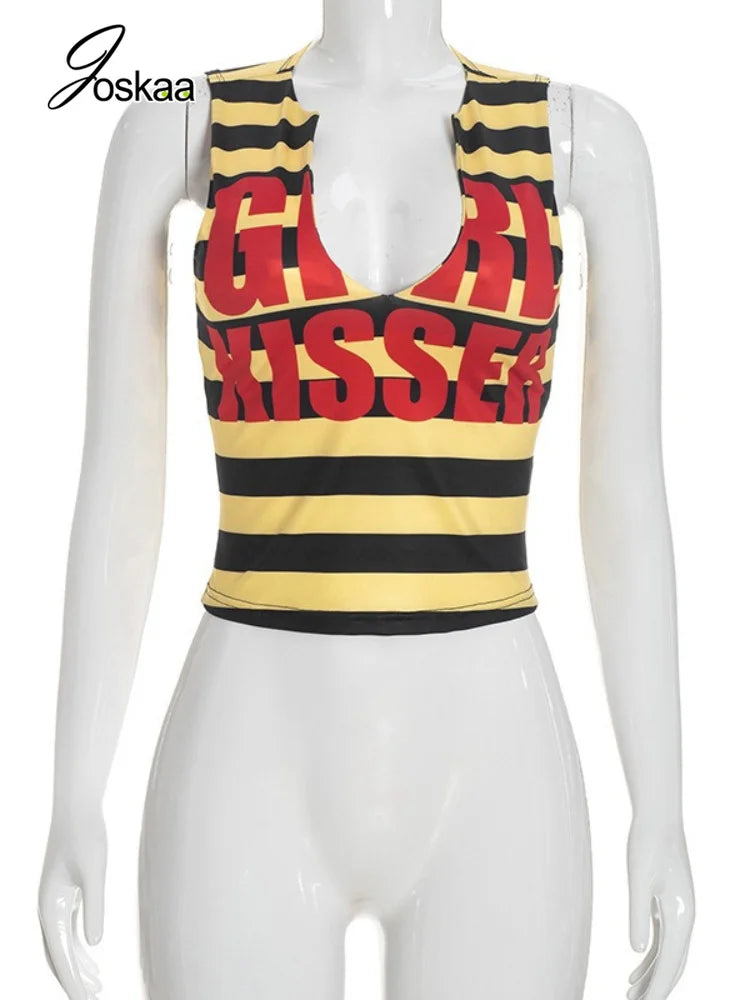 Women's Striped V-neck Sleeveless Bodycon Top - Back View