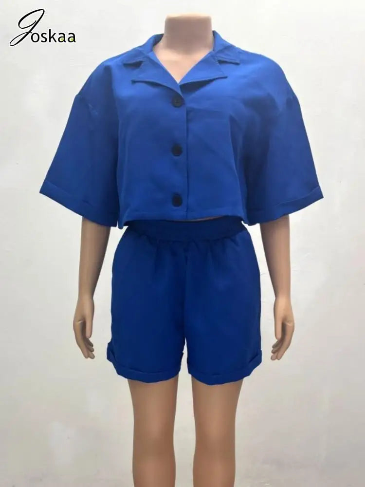 Wholesale Women's Short Sleeve Crop Two Piece Set Blue – Back View
