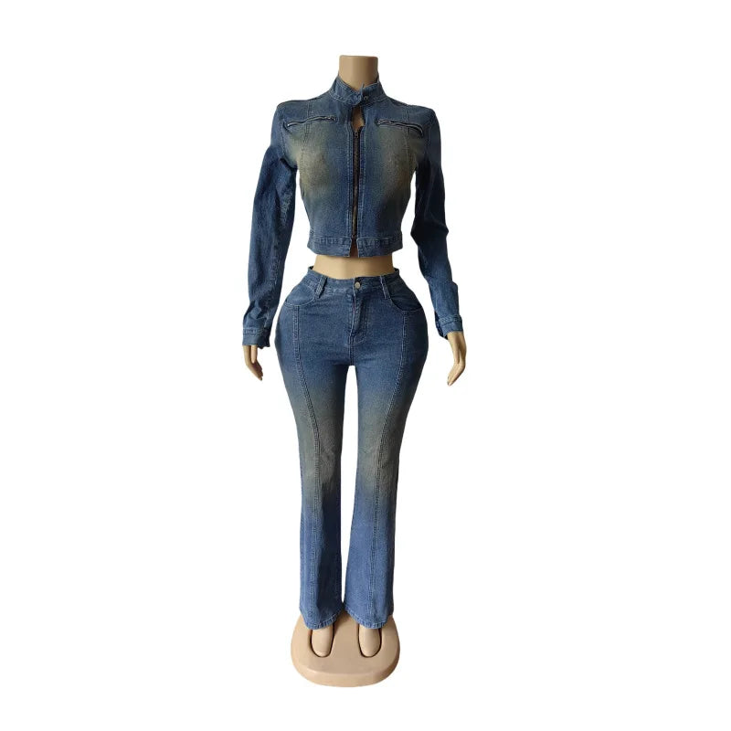 Women's Denim Long Sleeve Crop Two Piece Set Light Blue – Back View