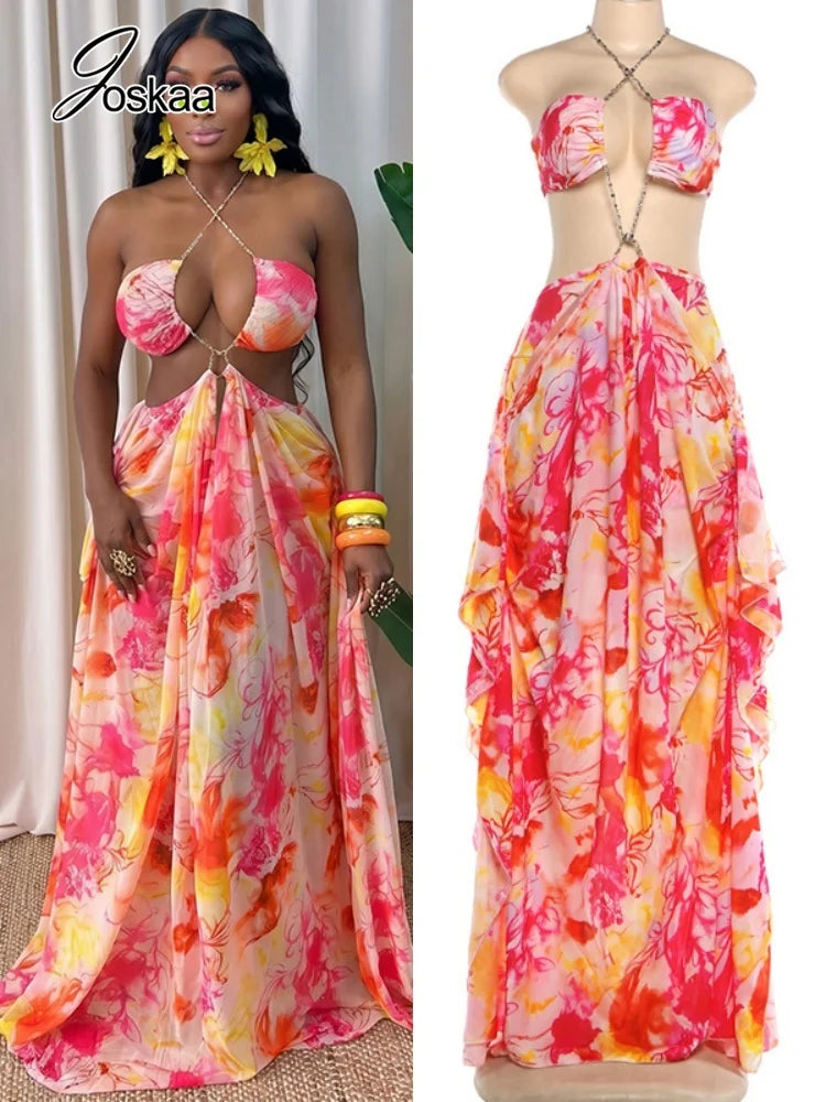 Women's Floral Print Cutout Halter Maxi Dress - Women's Fashion Wholesale - Front View