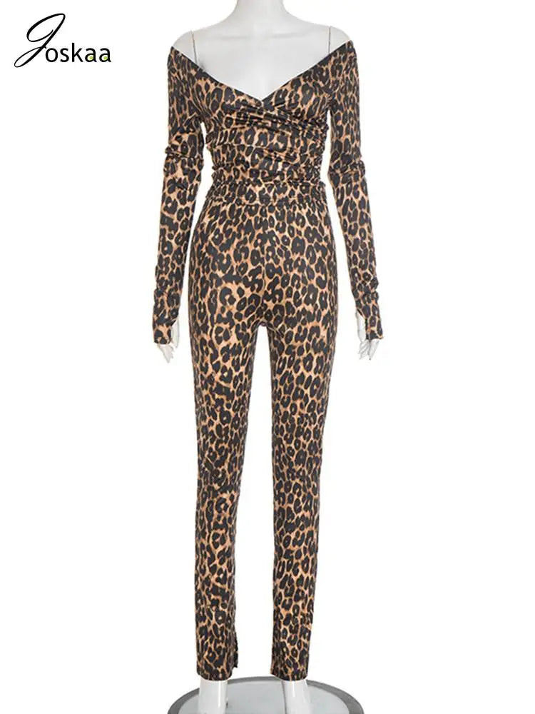 Women's Leopard Print Long Sleeve High Waist Two Piece Set Leopard Print – Back View