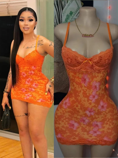 Joskaa Floral Print Lace Backless Bodycon Mini Dress - mini dress image 1