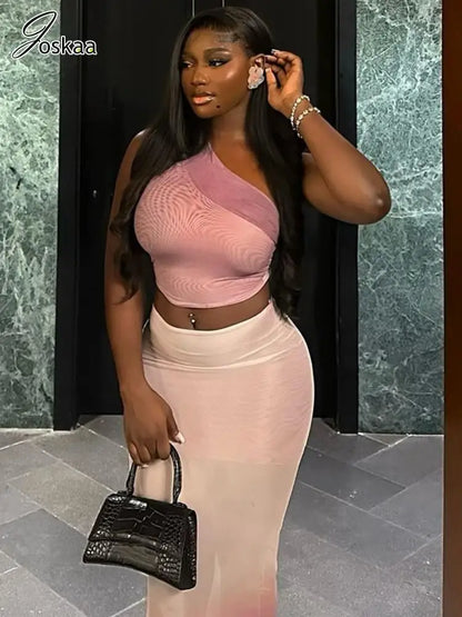 Wholesale Women's Mesh Crop Maxi Two Piece Set Apricot Pink – Side View