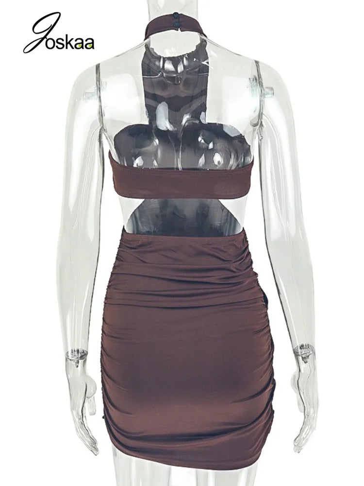 Women's Ruched Backless Cutout Halter Mini Dress - Detail View