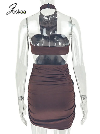 Women's Ruched Backless Cutout Halter Mini Dress - Detail View