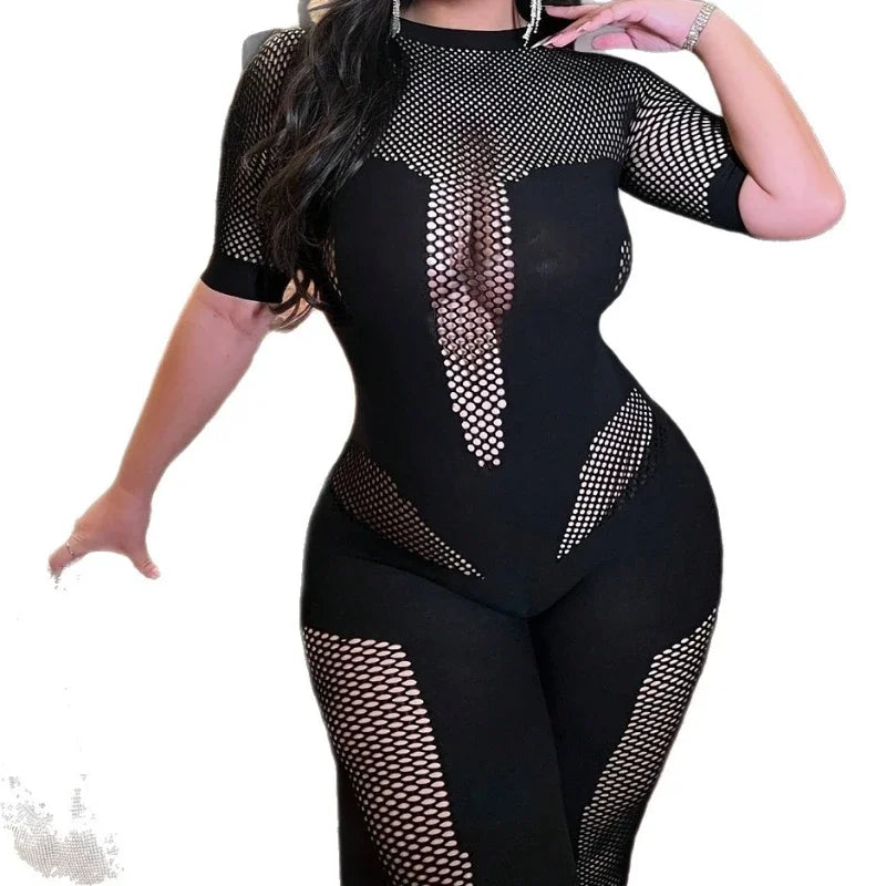 Women's Mesh Cutout Bodycon Jumpsuit Romper Black – Detail View