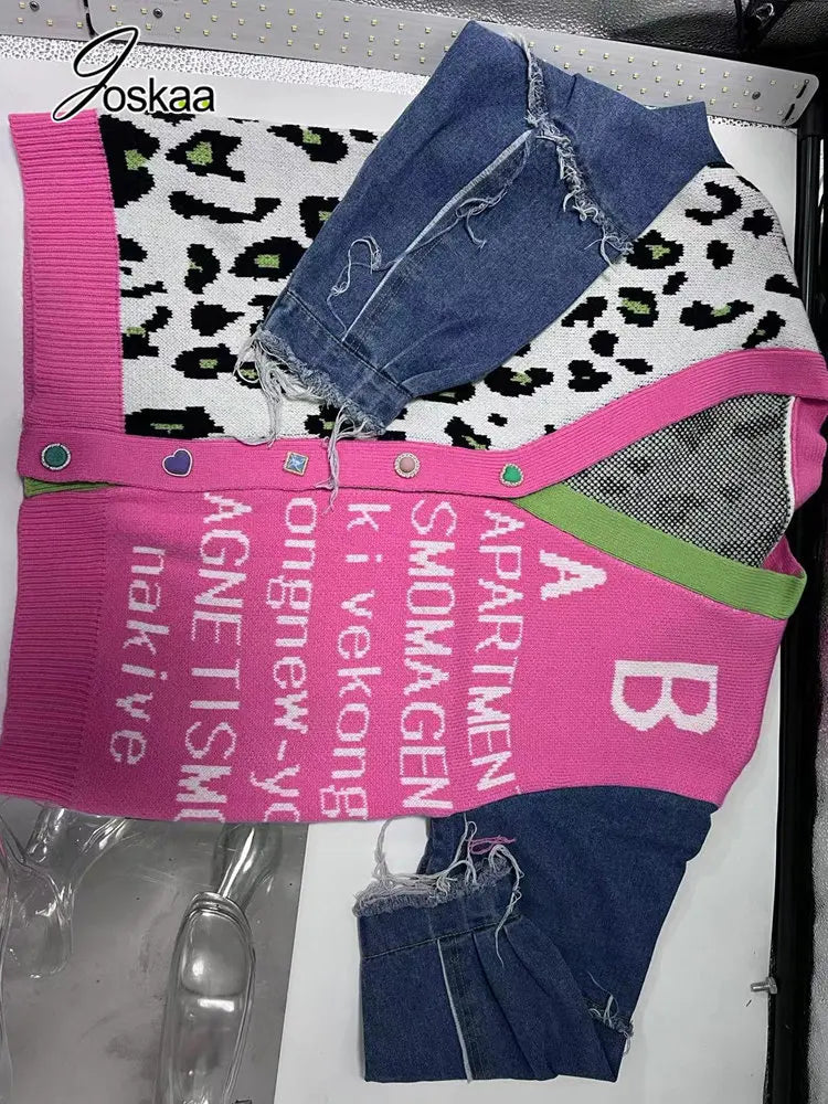 Women's Leopard Print Denim Knit Long Sleeve Jacket Rose pink – Detail View