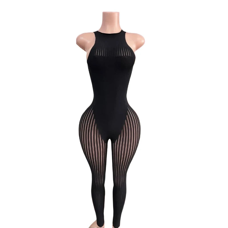 Women's Stripe Mesh Sleeveless Bodycon Romper White – Back View