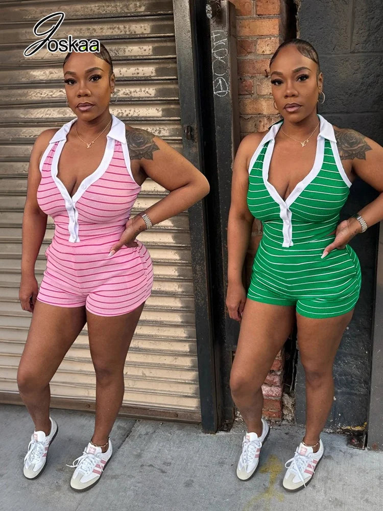 Women's Striped Halter Bodycon High Waist Two Piece Set - Front View