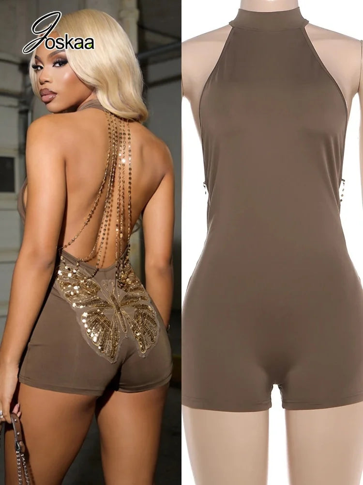 Women's Sequin Butterfly Backless Halter Romper - Front View