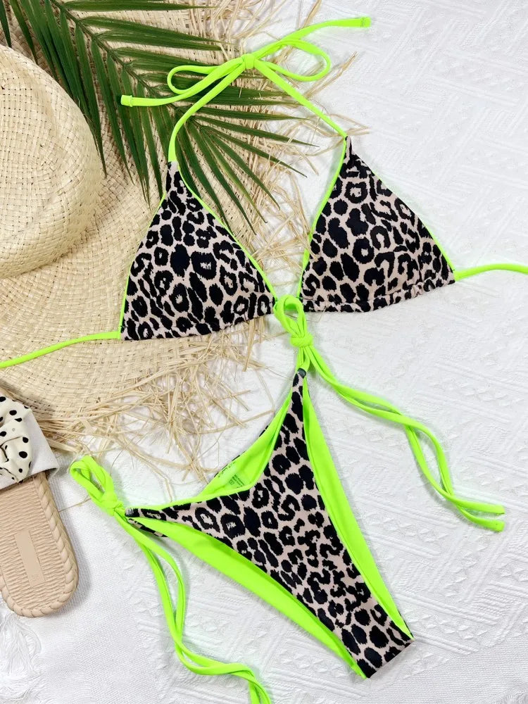 Women's Leopard Print Halter Swimwear Bikini Set