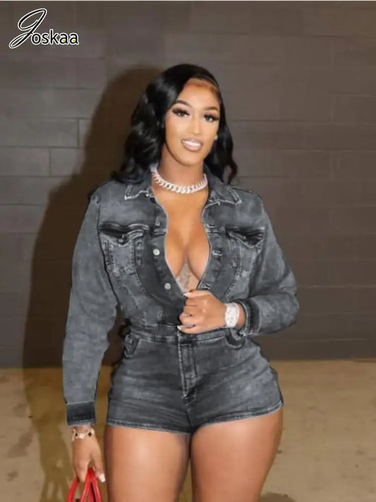 Women's Denim Long Sleeve Bodycon Romper – Women's Fashion Wholesale – Front View