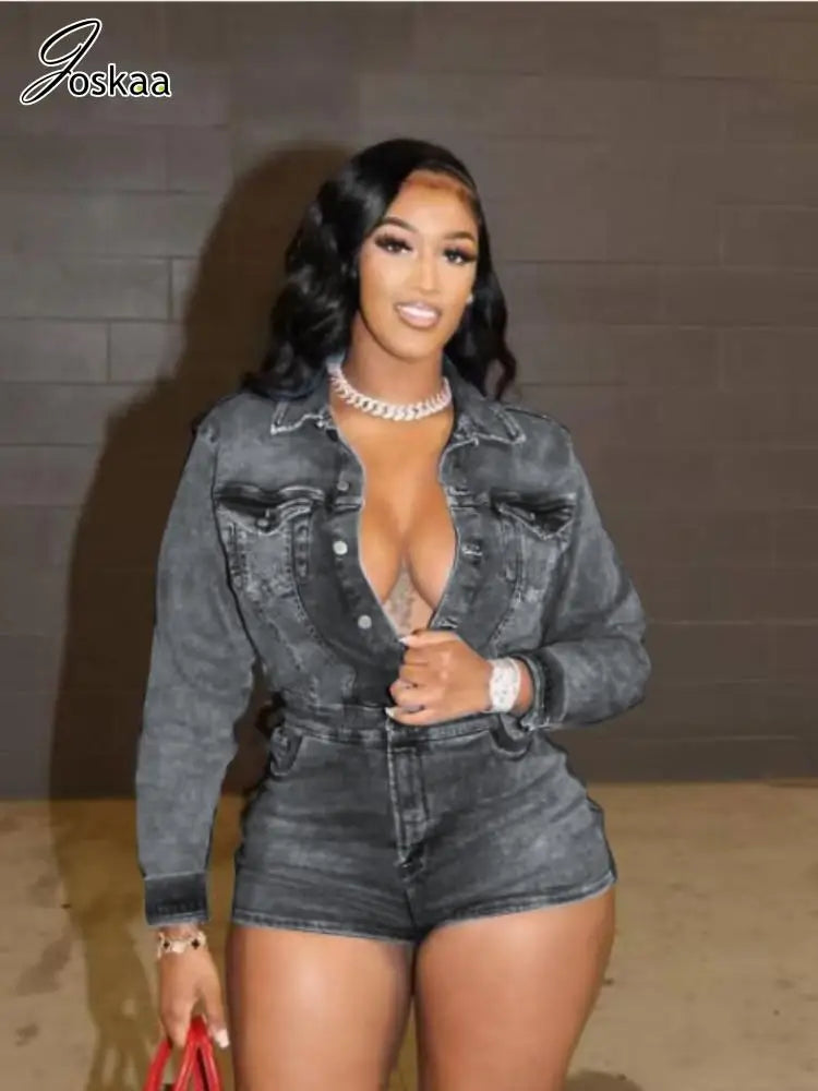 Women's Denim Long Sleeve Bodycon Romper – Women's Fashion Wholesale – Front View