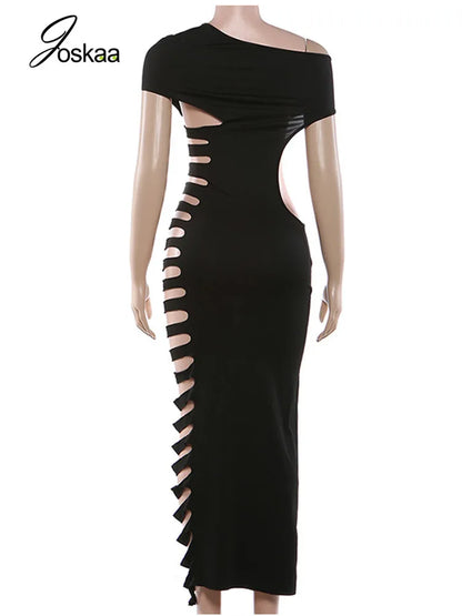 Women's Cutout Sleeveless Bodycon Maxi Dress Black – Detail View